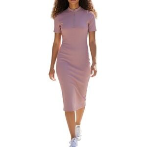 Forever 21 Ribbed Mock Neck Zip‎ Front Short Sleeve Midi Dress Mauve Size Medium